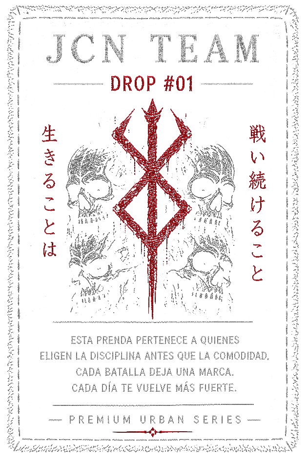 Etiqueta original JCN Team, con calaveras y gráfica roja